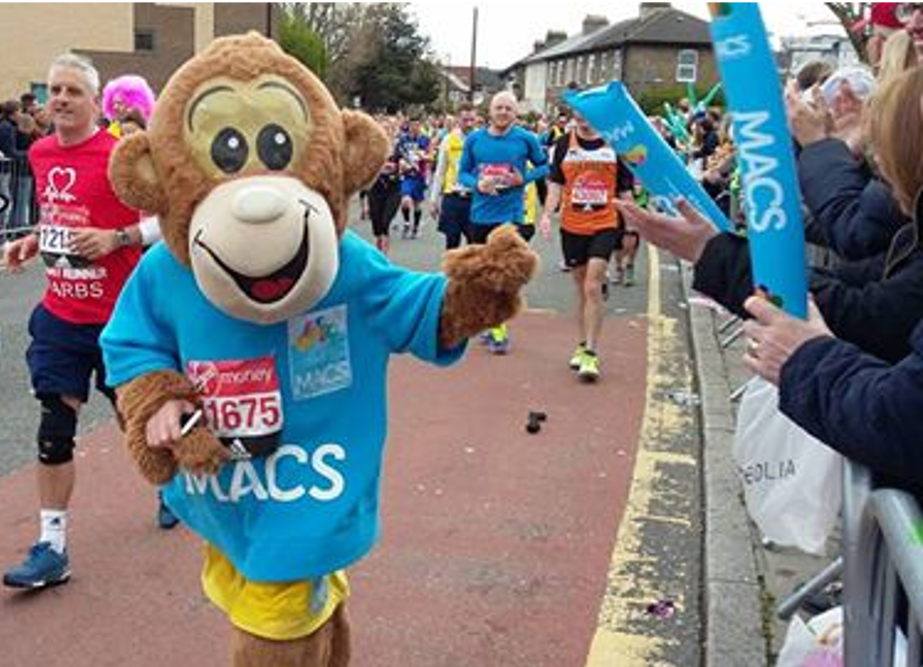 Image shows MACS the monkey running the London Marathon