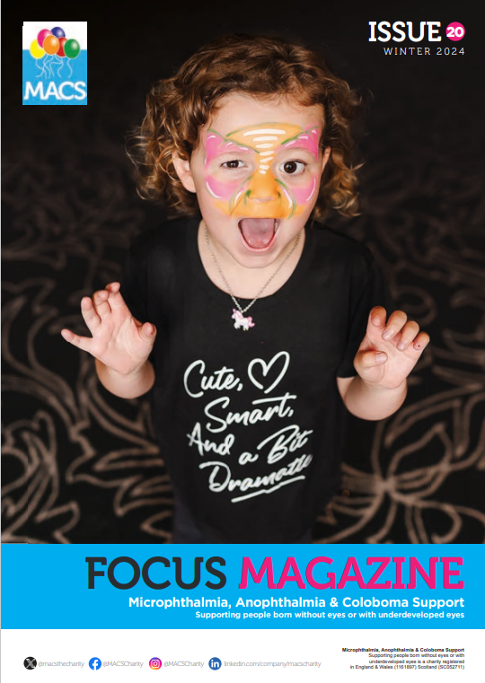 The cover features a young child standing against a dark background decorated with chalk-style star and swirl illustrations. The child is wearing a black top with white text reading: “Cute, Smart, And a Bit Dramatic.” The child is holding both arms up in a playful or expressive pose. The top banner includes the MACS logo and “ISSUE 20 Winter 2021.” The bottom banner displays FOCUS MAGAZINE with the MACS support subtitle.