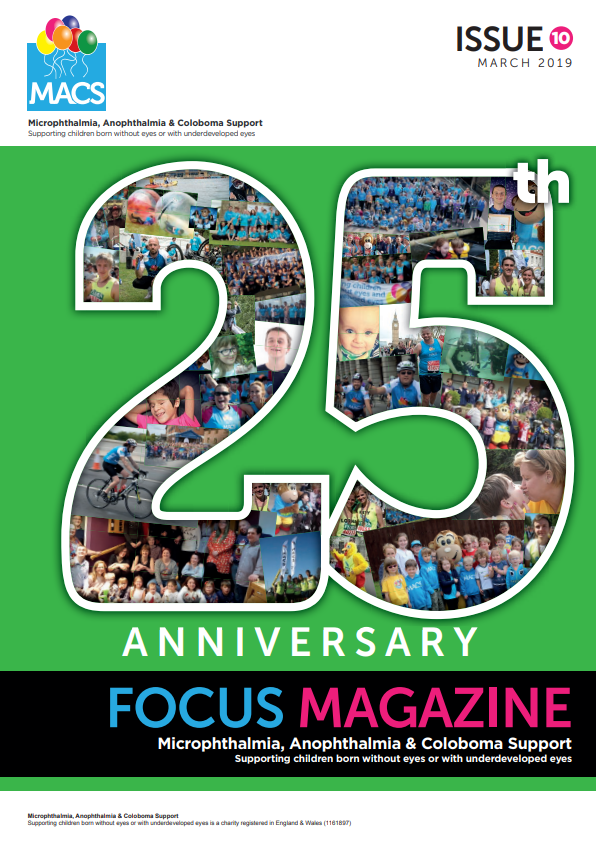 The entire cover is dominated by a large green background with a bold white-and-black “25” in the centre to mark the organisation’s 25th anniversary. Inside the numbers are many small photographic images arranged as a collage, depicting people at events, celebrations, and group gatherings. Below the large number, the text reads “ANNIVERSARY.” The MACS logo is in the upper left, and the top right shows “ISSUE 10 2017.” The bottom banner reflects the same FOCUS MAGAZINE layout used in the other issues.