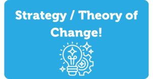 Strategy and Theory of change Button, Blue background and white text, with a small graphic of a light bulb